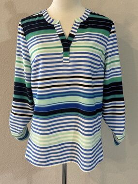 Talbots Womens Petite Medium Blue White Striped V-Neck Blouse Roll Tab Sleeves